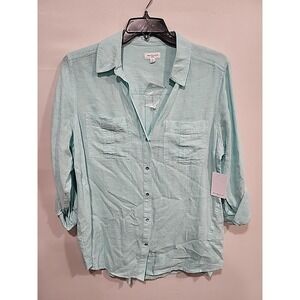 Westbound NWT Blouse Linen Blend Womens 1X Lt. Blue Long Sleeve Cuffed Button-up
